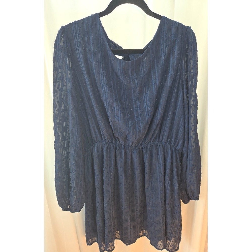 Navy Swiss Dot Fit & Flare Dress Size XL Sheer Sleeve Tie Neck Metallic Thread